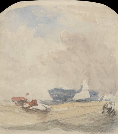 Zee studie met wrak, zeilboot en roeiboot door David Cox